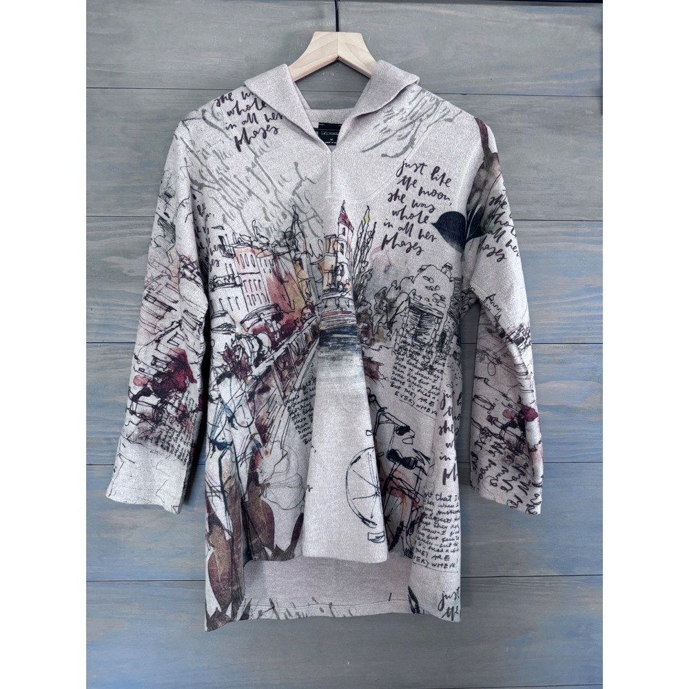 Inoah Womens Moon‎ Phases Architecture Sketch Hooded Tunic Top Heather Beige M